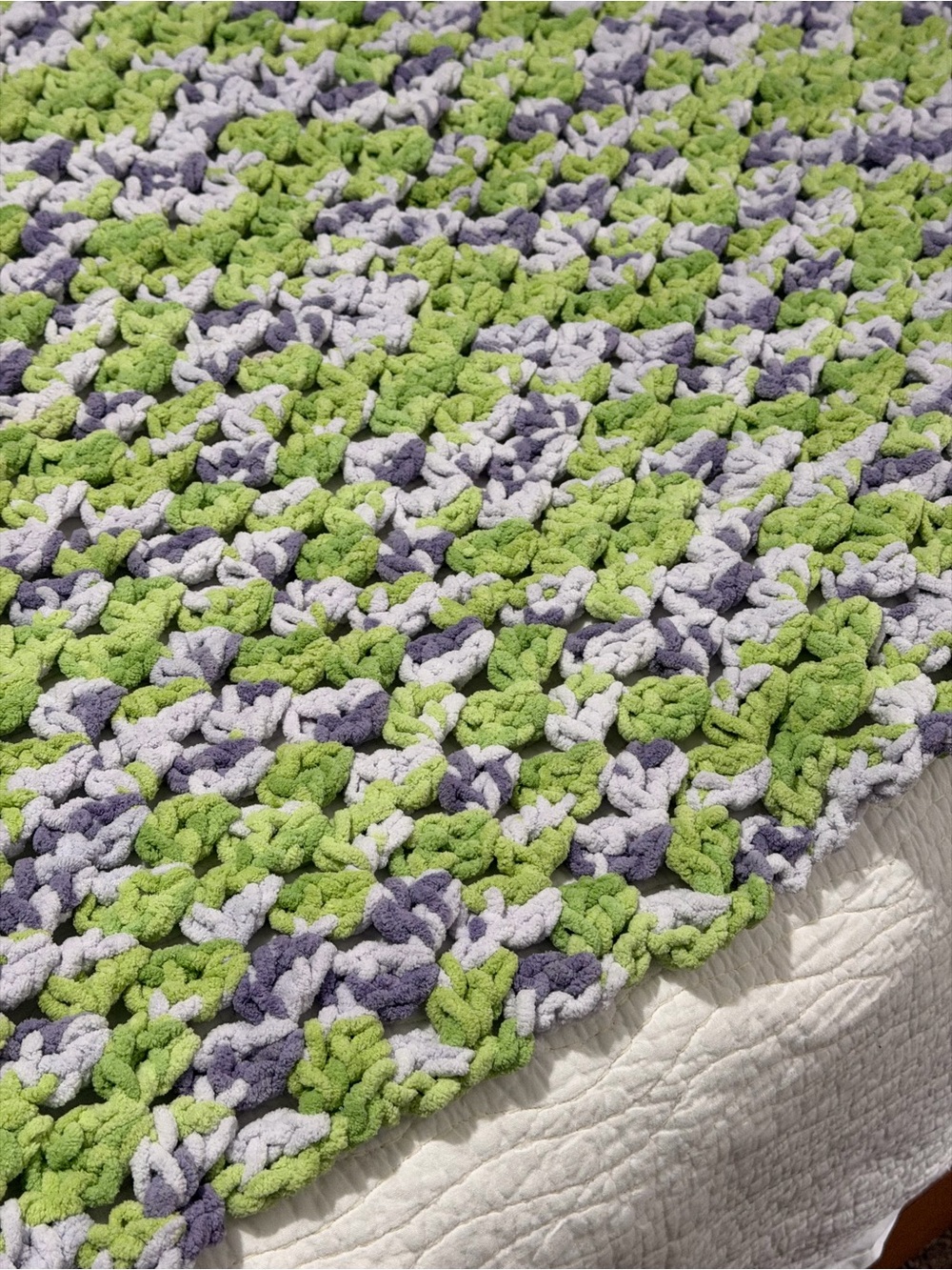 Handmade Chunky Crochet Throw - Green, Lavender, White